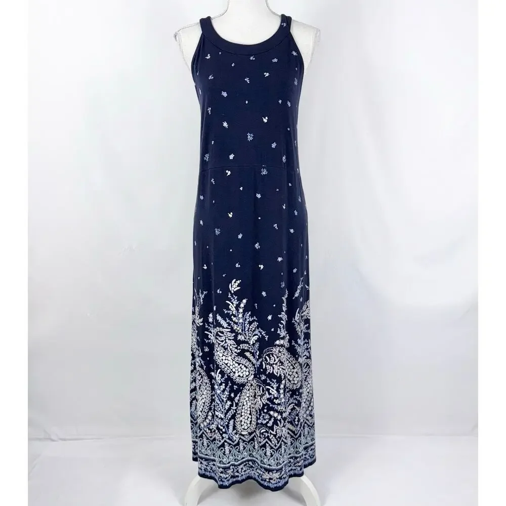 J Jill Paisley Halter Neck Maxi Dress Medium Navy Blue Resortwear - Picture 2 of 14